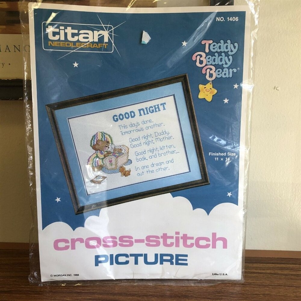 TEDDY BEDDY BEAR STAMPED CROSS STITCH KIT TITAN VINTAGE NEW Good Night Picture